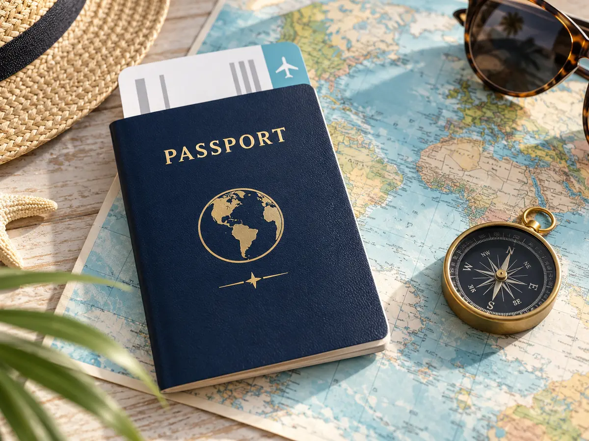 Navy passport with a boarding pass, world map, and travel compass