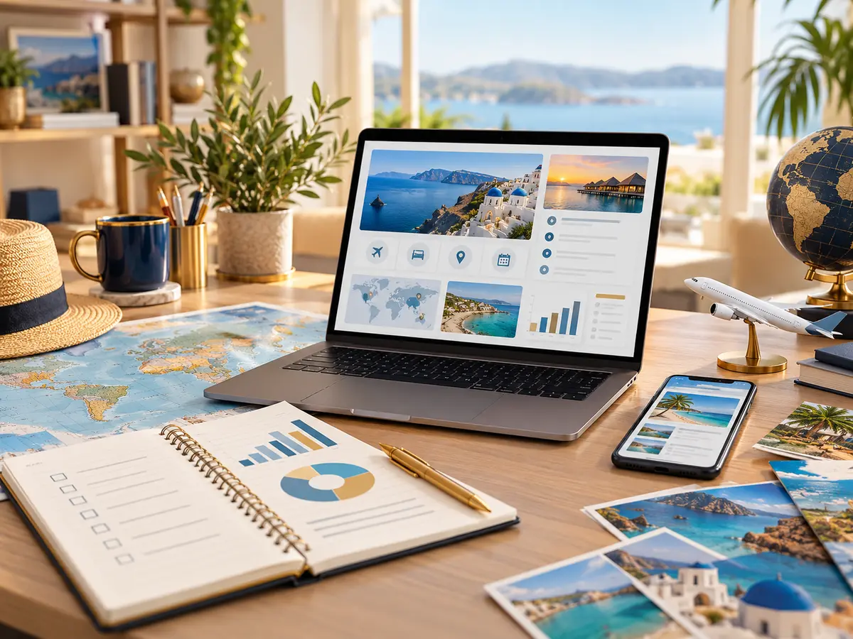Travel business workspace with a laptop, world map, notebook, and airplane model